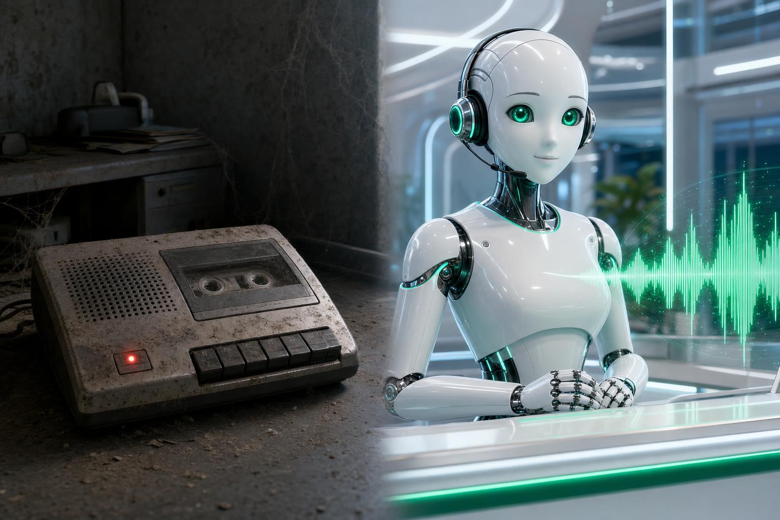 A dusty old answering machine beside a modern AI robot receptionist answering a call