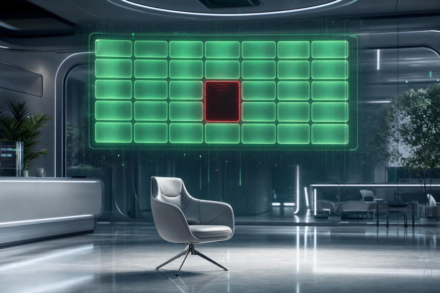 A holographic appointment grid with one empty red slot above an empty waiting chair