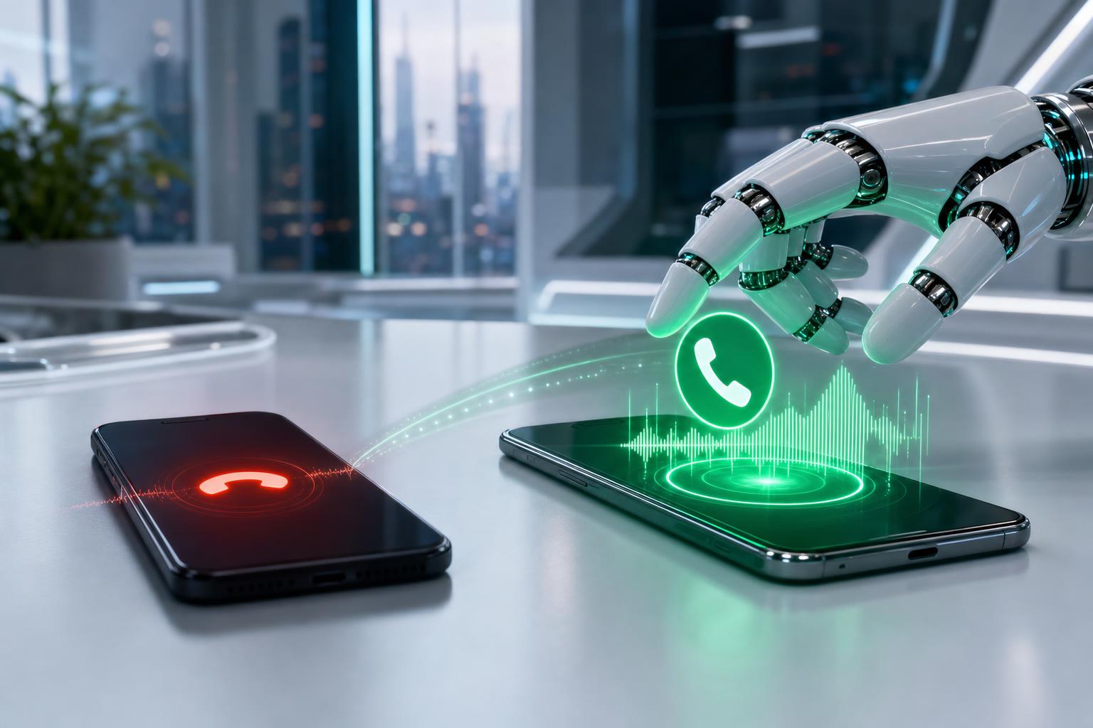 A phone showing a red missed call beside an AI robot answering the next call in green