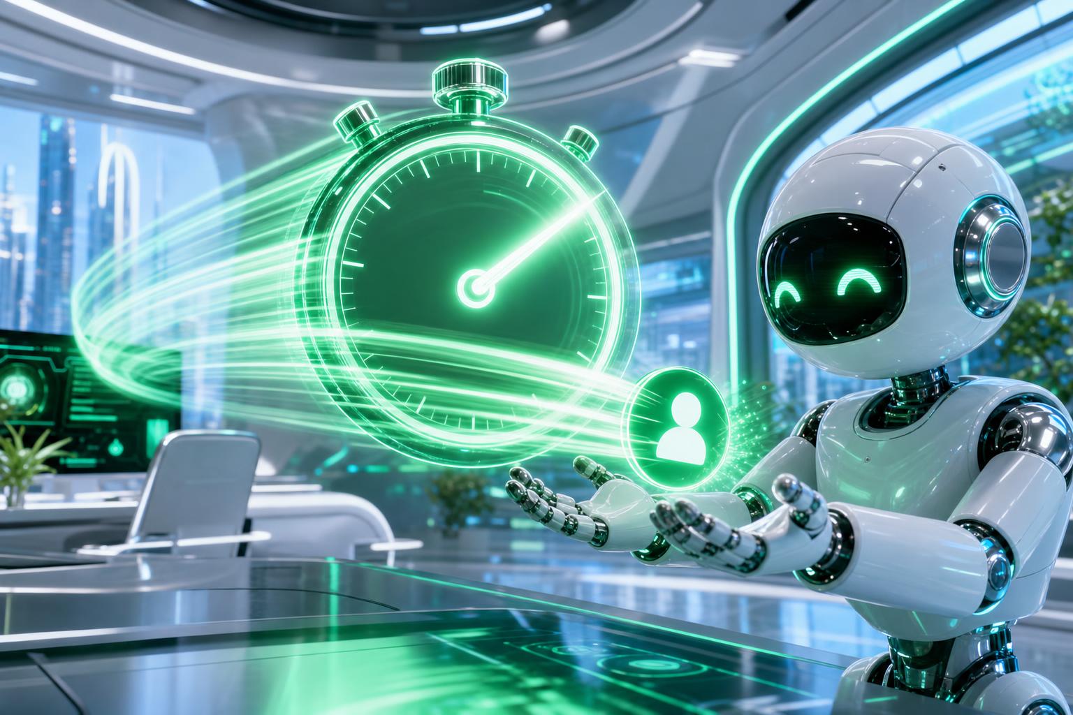 An AI robot holding a glowing green stopwatch, catching a new lead instantly