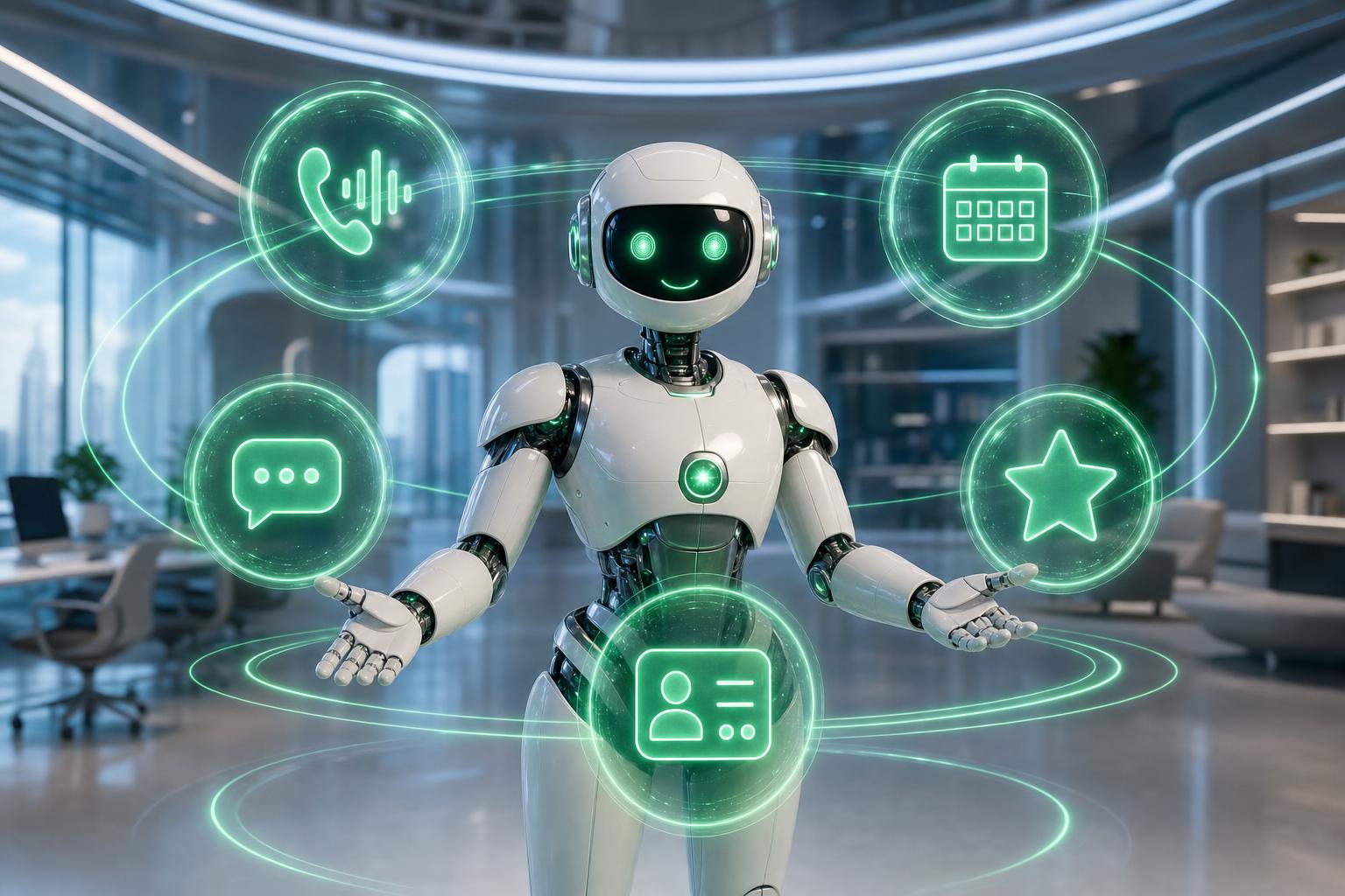 An AI robot surrounded by glowing green icons for calls, calendar, chat, reviews, and contacts