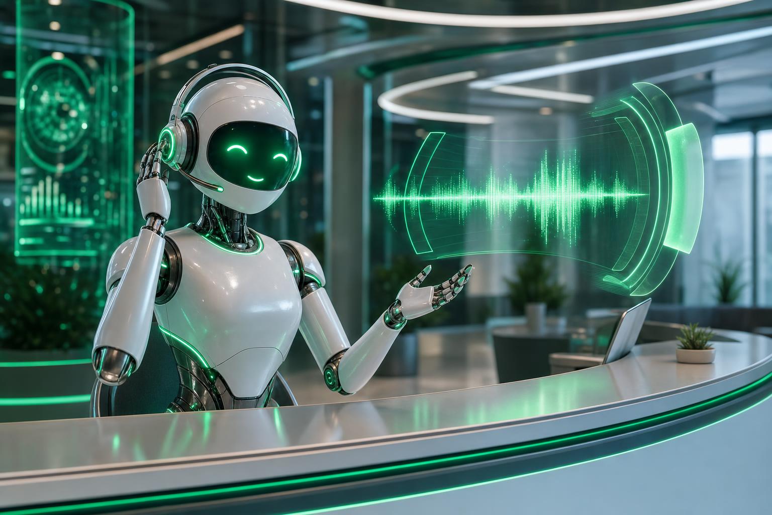 Friendly AI robot receptionist wearing a headset, answering a call with a glowing green voice-waveform hologram